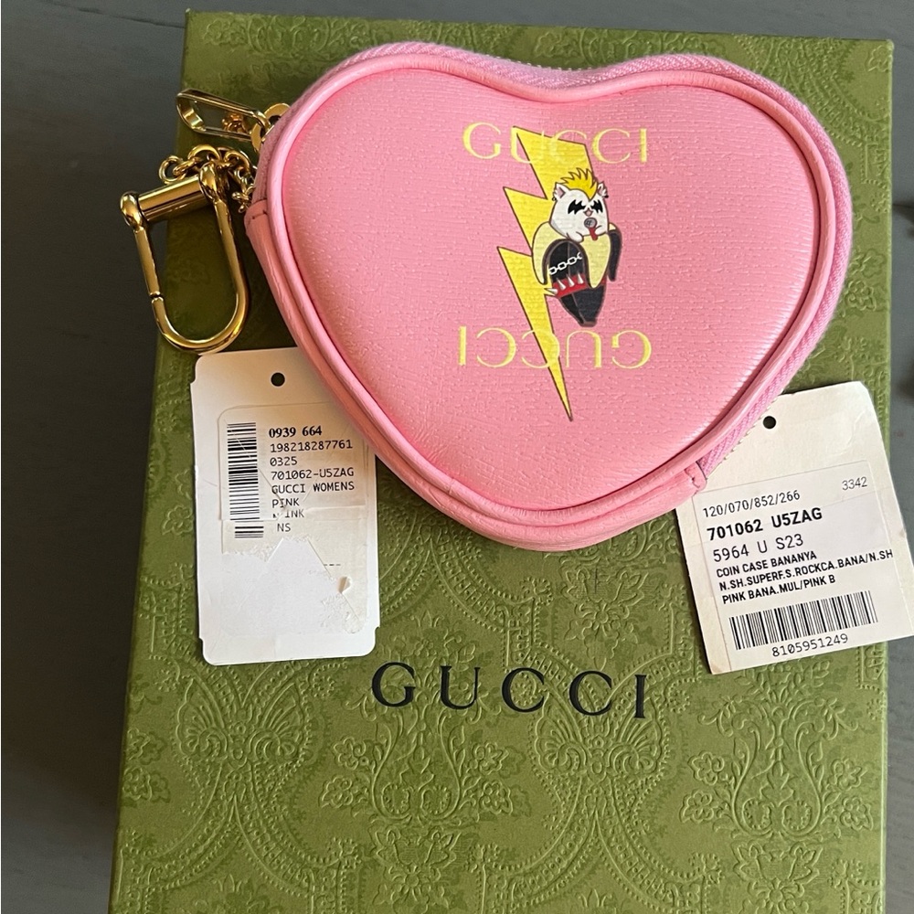 Gucci Bananya Heart Shape Leather Coin Case Pink - Picture 13 of 13